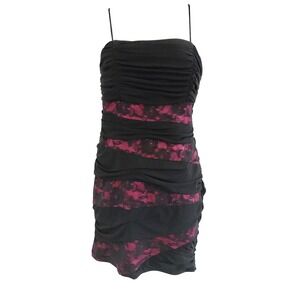 Y2k Midi Babydoll Dress LARGE Black Pink Lace Ruched Dark Fairy Witchy Hoco Boho